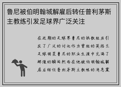 鲁尼被伯明翰城解雇后转任普利茅斯主教练引发足球界广泛关注